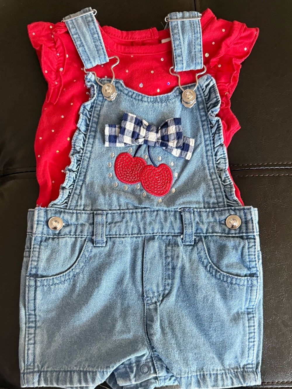 Little Lass Denim Cherry Shortalls with Red Tee